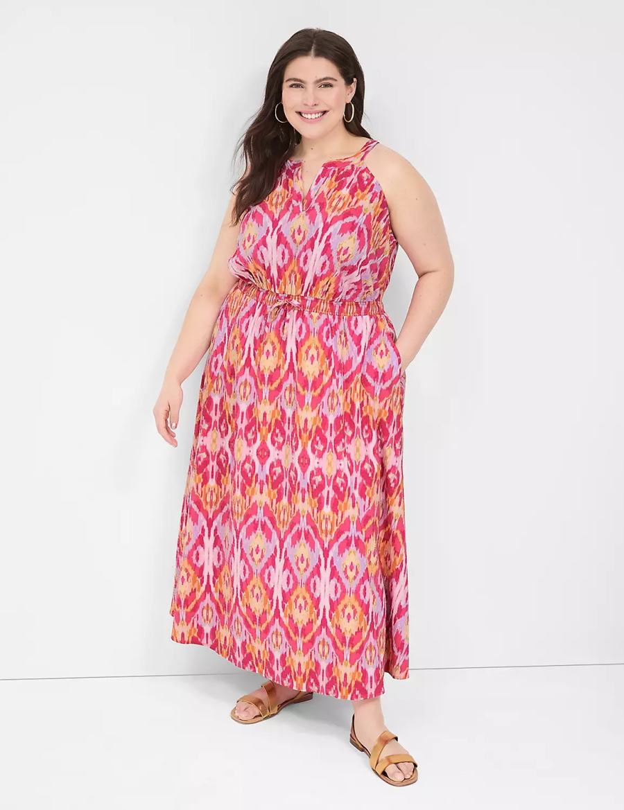 Women Lane Bryant Split-Neck Tie-Waist Maxi Dress Pink | TEC489FD