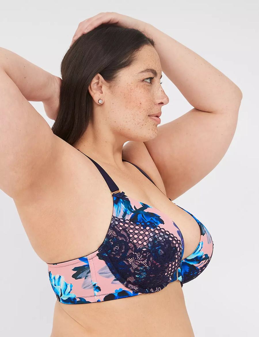 Women Lane Bryant Strappy-Back Boost Plunge Front-Close Bralettes Pink Blue Multicolor | OWO113EC
