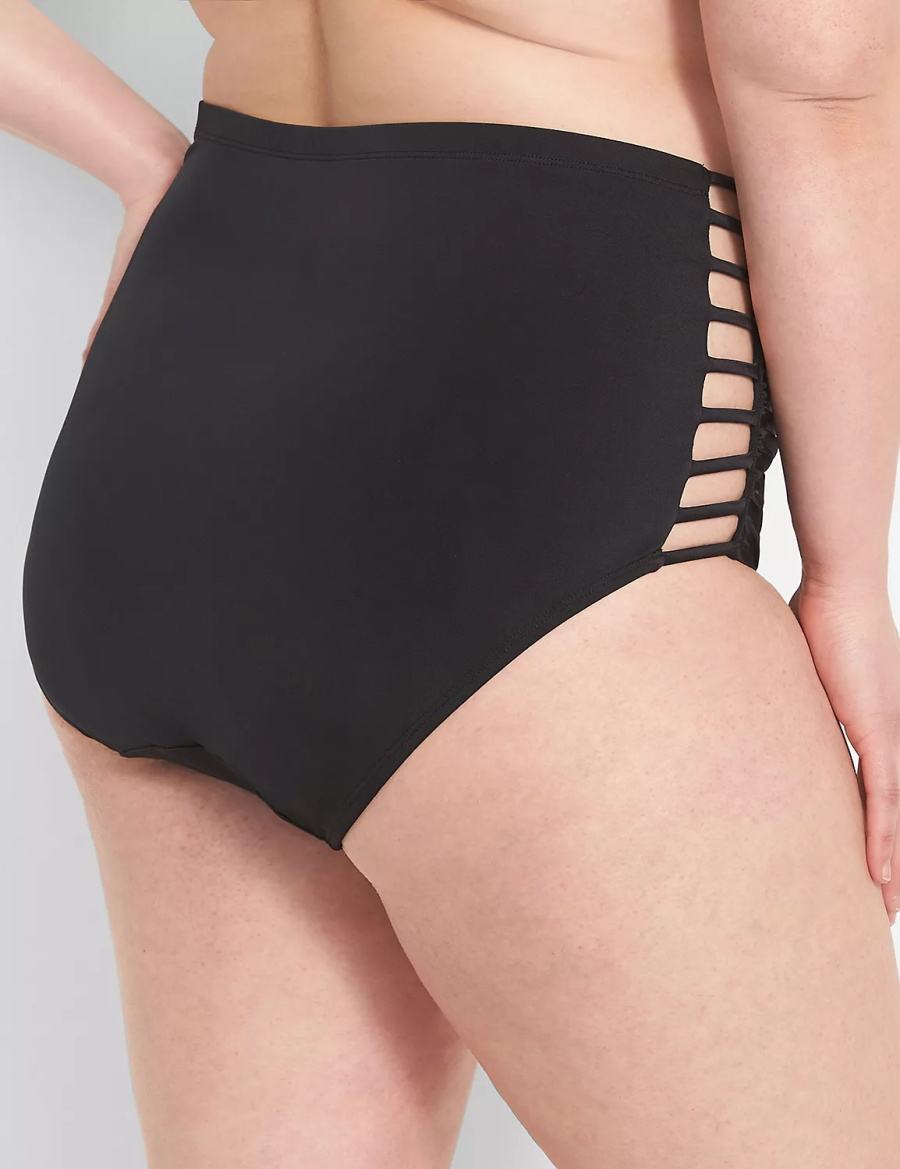 Women Lane Bryant Strappy Ruched-Side High-Waist Swim Briefs Black | IKI7048RH