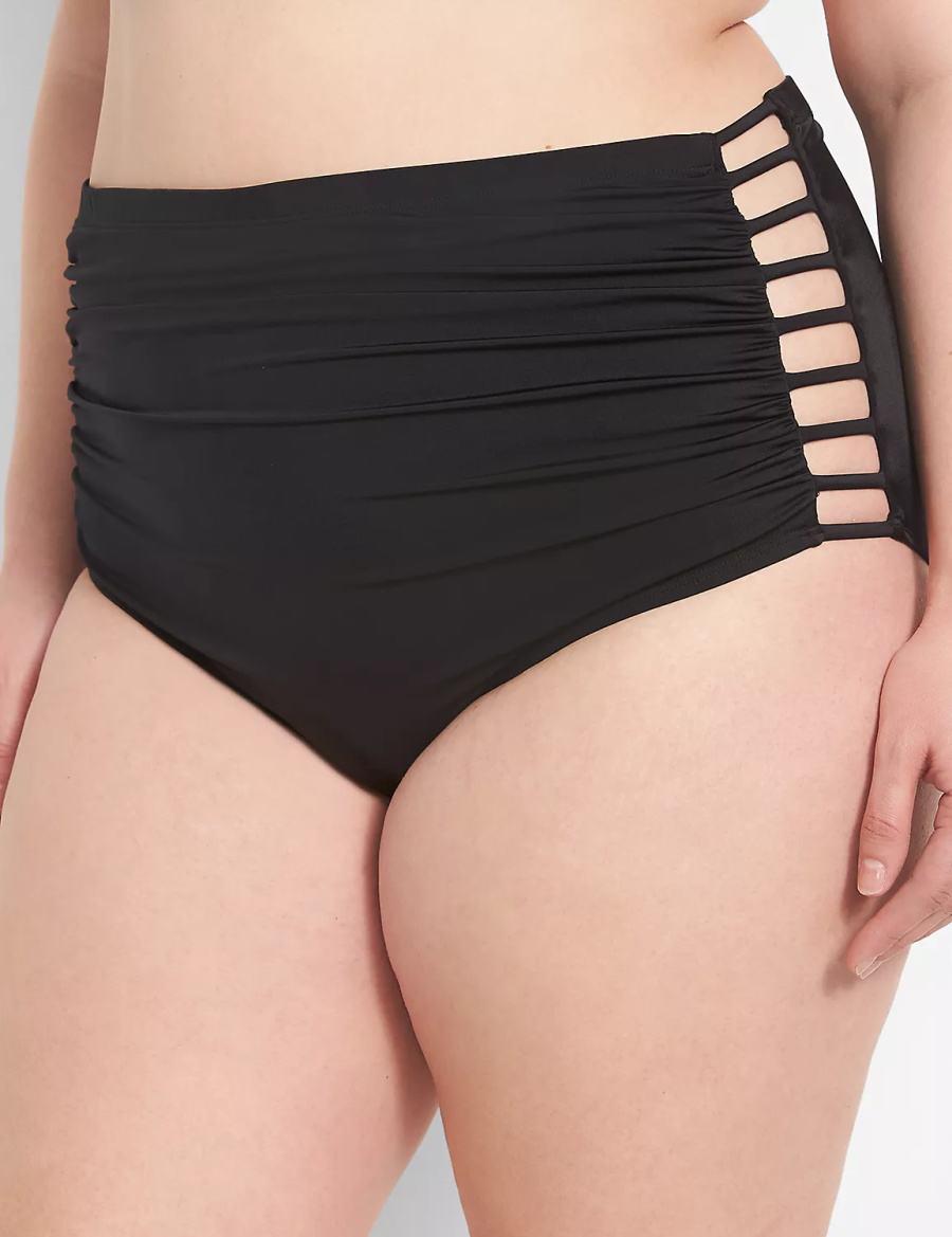 Women Lane Bryant Strappy Ruched-Side High-Waist Swim Briefs Black | IKI7048RH