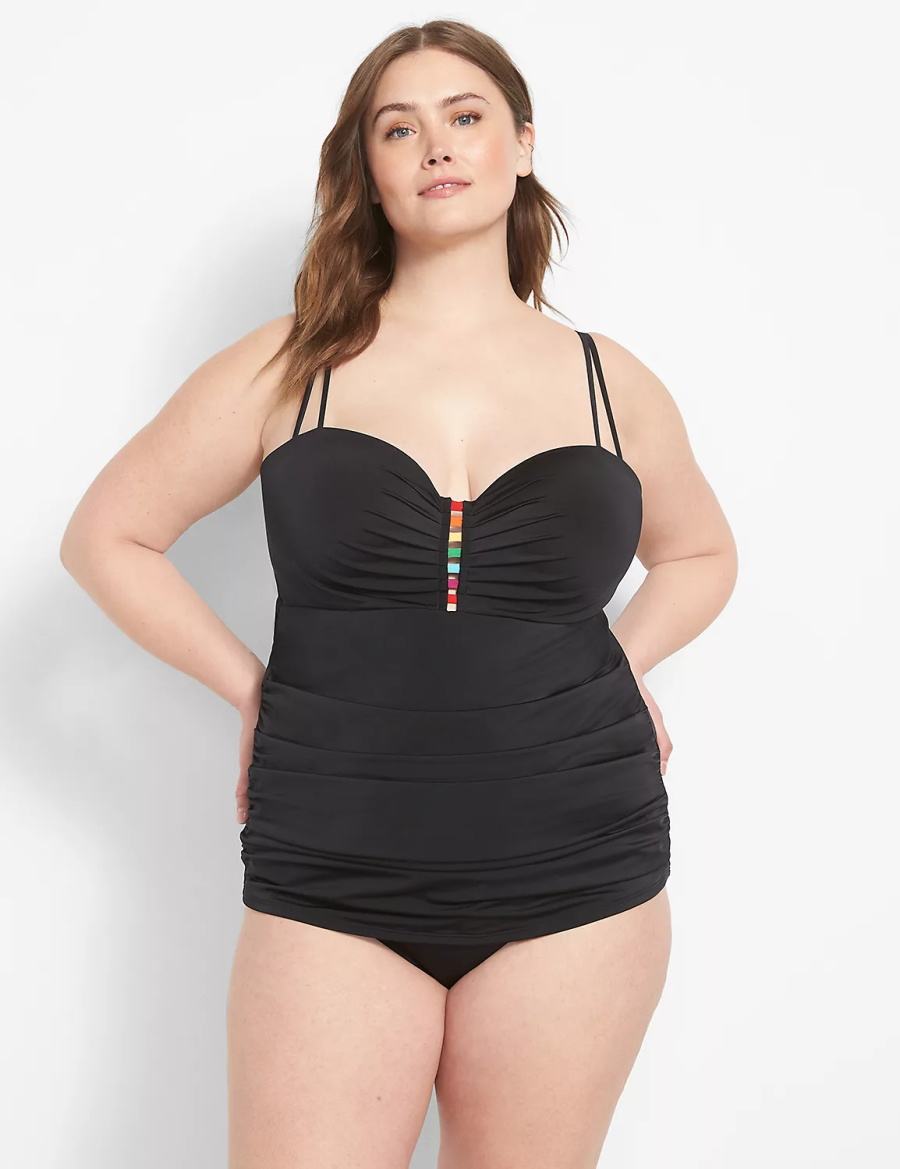 Women Lane Bryant Strappy Ruched-Side High-Waist Swim Briefs Black | IKI7048RH