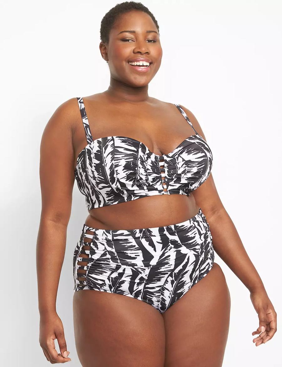 Women Lane Bryant Strappy Ruched-Side Swim Briefs White Black | UPV1728EL