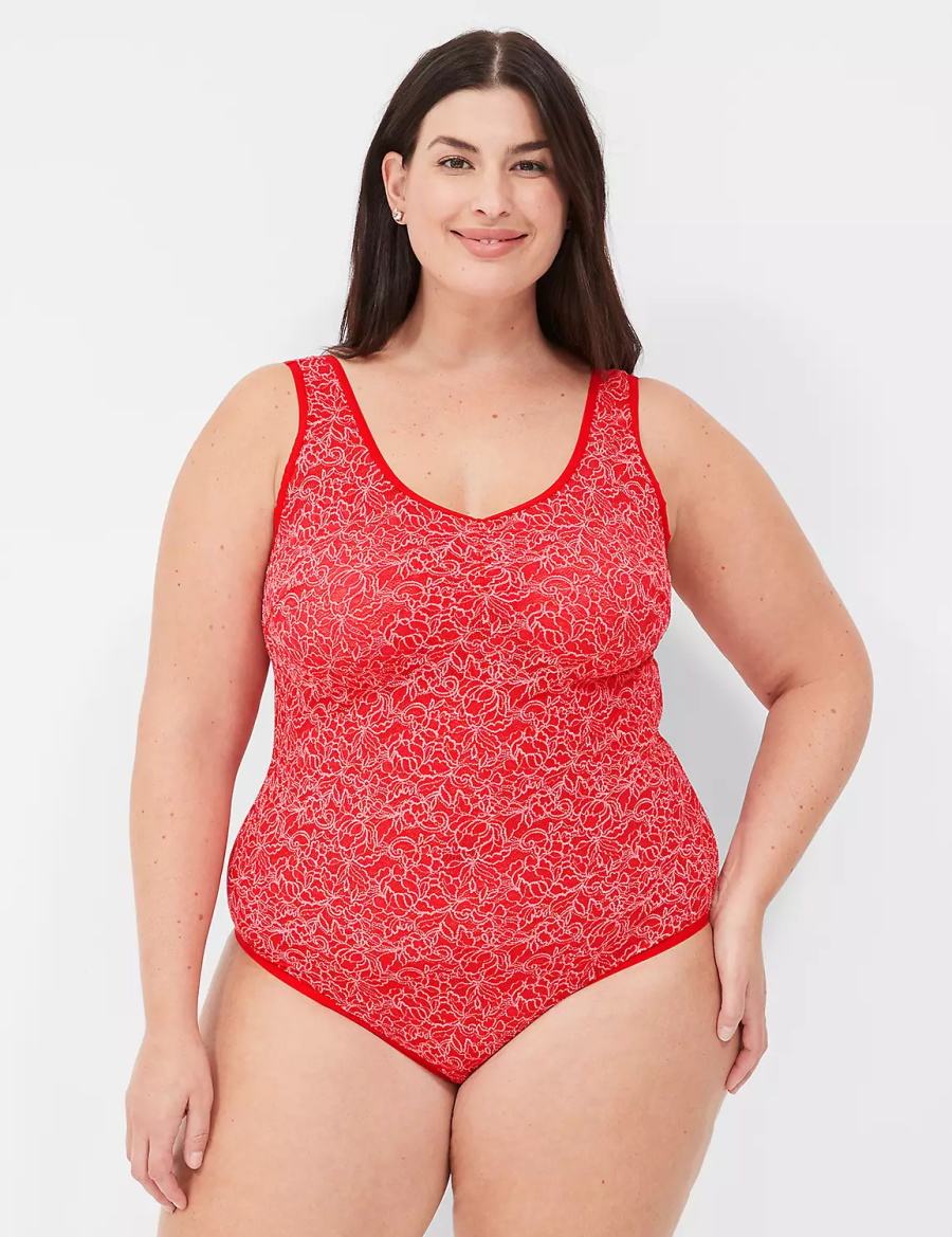 Women Lane Bryant Stretch Lace Cross-Dyed Bodysuit Red | JXM287IR