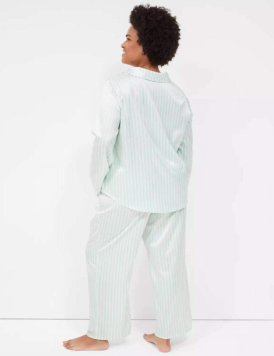 Women Lane Bryant Stretch Satin Shirt & Pant PJ Set Pajamas Green Stripes | KBC7654AA
