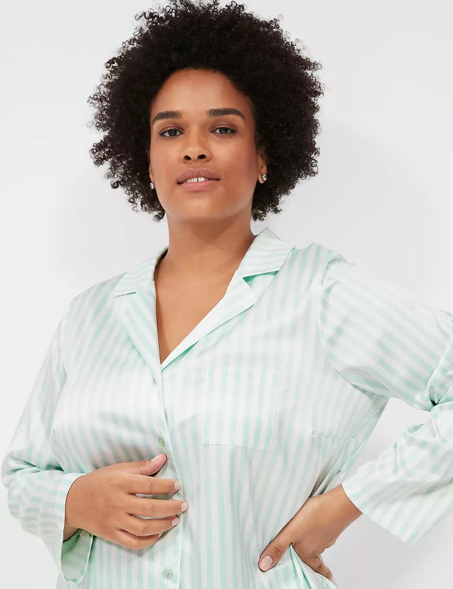 Women Lane Bryant Stretch Satin Shirt & Pant PJ Set Pajamas Green Stripes | KBC7654AA