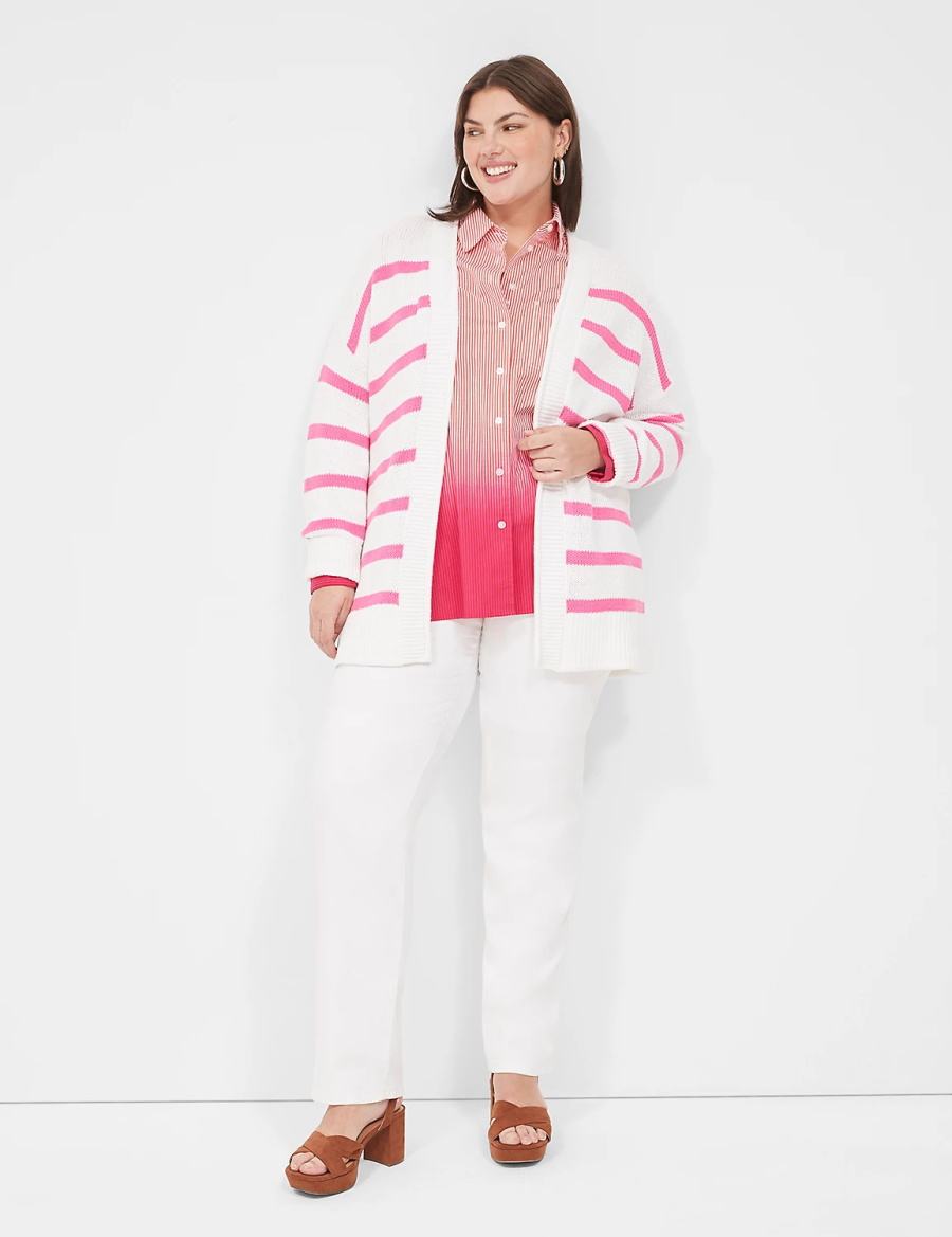 Women Lane Bryant Striped Open-Front Cardigan Pink White Stripes | YCE7183YR