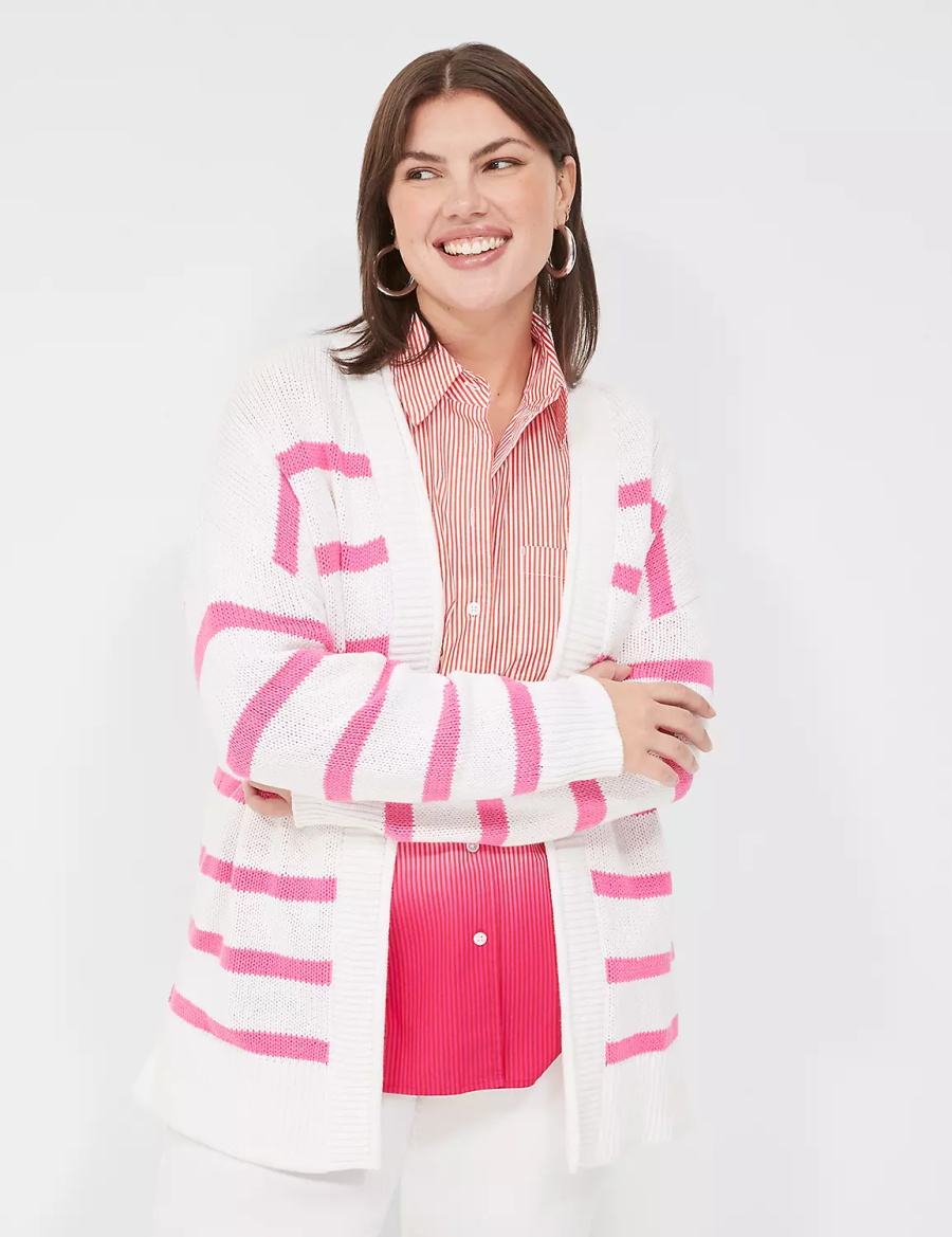 Women Lane Bryant Striped Open-Front Cardigan Pink White Stripes | YCE7183YR