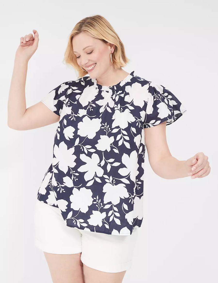 Women Lane Bryant Subtle Swing Cap-Sleeve Woven & Knit Top T Shirts Navy White | XKW2764UG