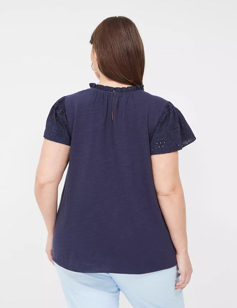 Women Lane Bryant Subtle Swing Cap Ruffle-Sleeve Eyelet & Knit Top T Shirts Blue | HLX1652HY