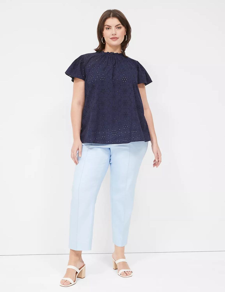 Women Lane Bryant Subtle Swing Cap Ruffle-Sleeve Eyelet & Knit Top T Shirts Blue | HLX1652HY