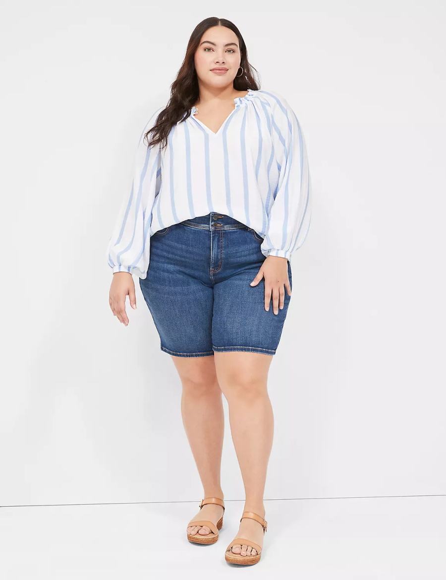 Women Lane Bryant Swing-Sleeve Popover Blouse Blue Stripes | ZNP3286WF