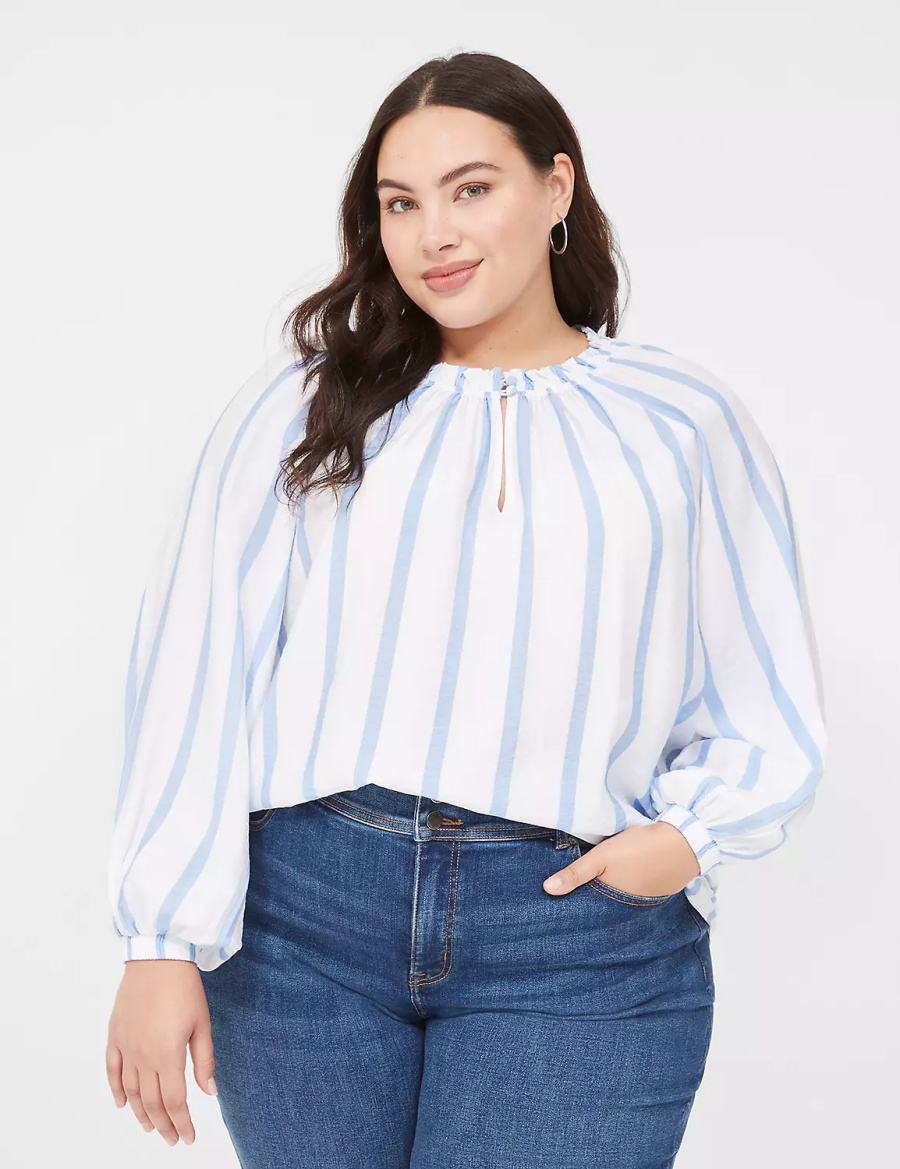 Women Lane Bryant Swing-Sleeve Popover Blouse Blue Stripes | ZNP3286WF
