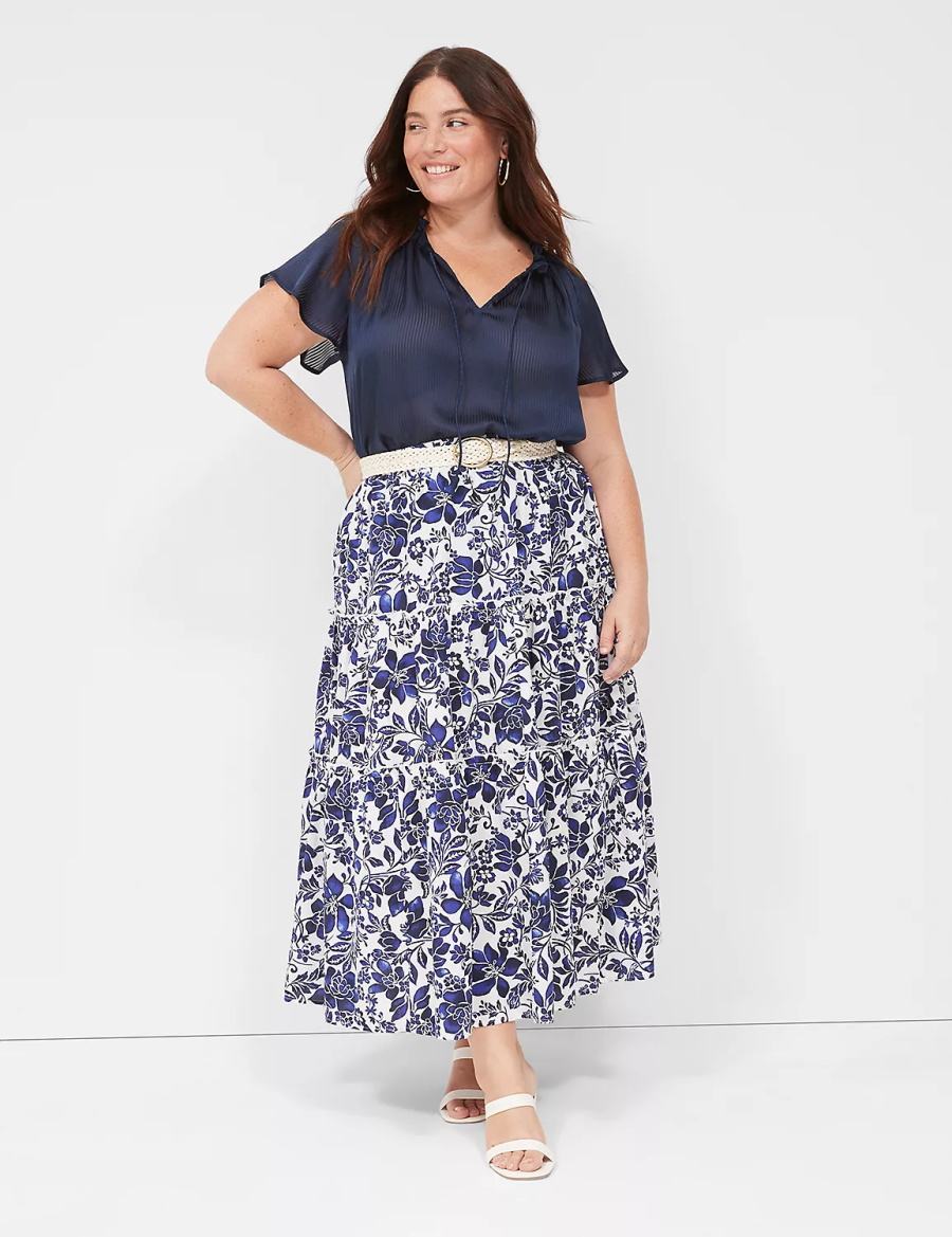 Women Lane Bryant Swing Cap-Sleeve Tie-Front Blouse Blue | UGQ836SJ
