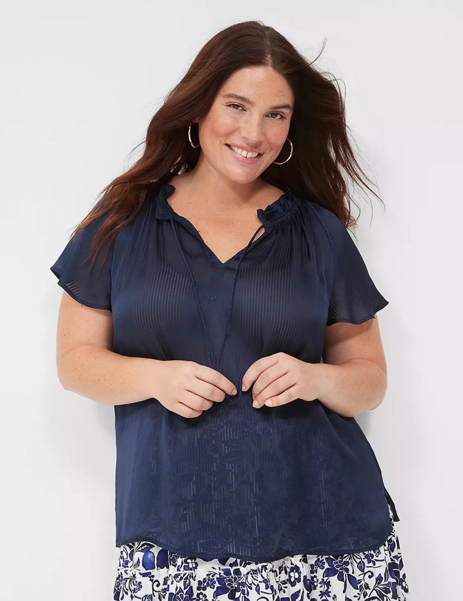 Women Lane Bryant Swing Cap-Sleeve Tie-Front Blouse Blue | UGQ836SJ