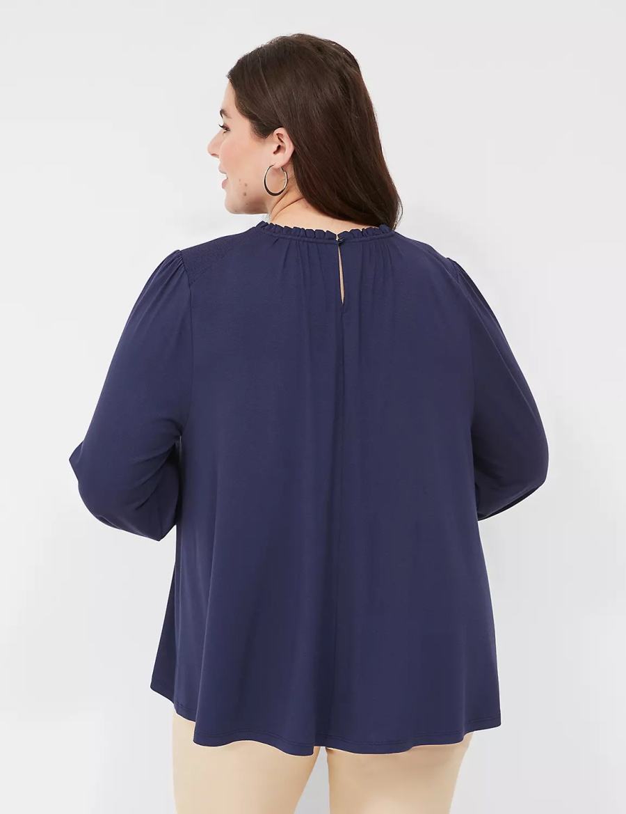 Women Lane Bryant Swing Crew-Neck Smocked-Shoulder Top Blouse Blue | SIP3384FF