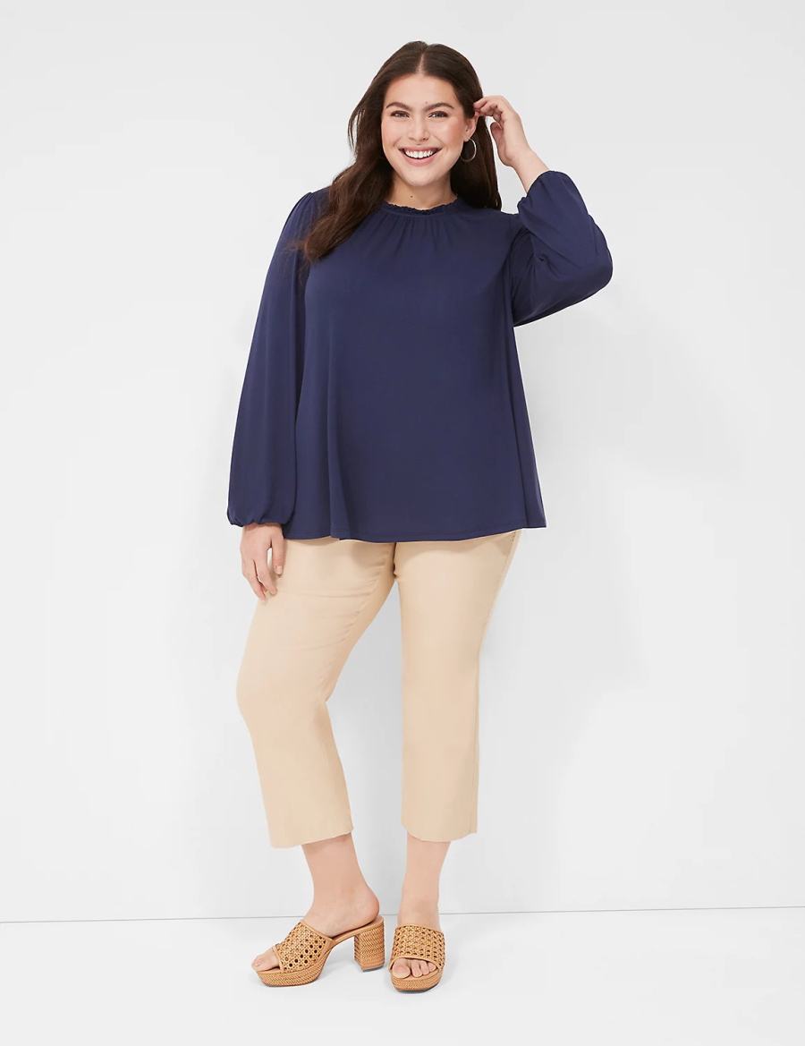 Women Lane Bryant Swing Crew-Neck Smocked-Shoulder Top Blouse Blue | SIP3384FF