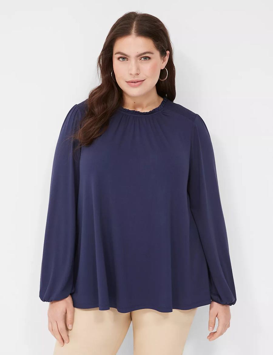 Women Lane Bryant Swing Crew-Neck Smocked-Shoulder Top Blouse Blue | SIP3384FF