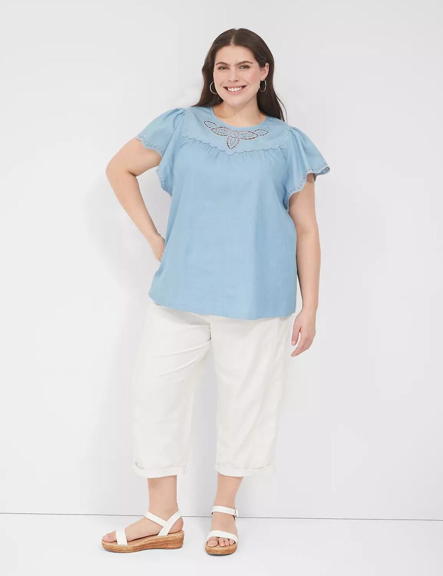 Women Lane Bryant Swing Eyelet-Trim Popover Blouse Blue | ALF4471HH