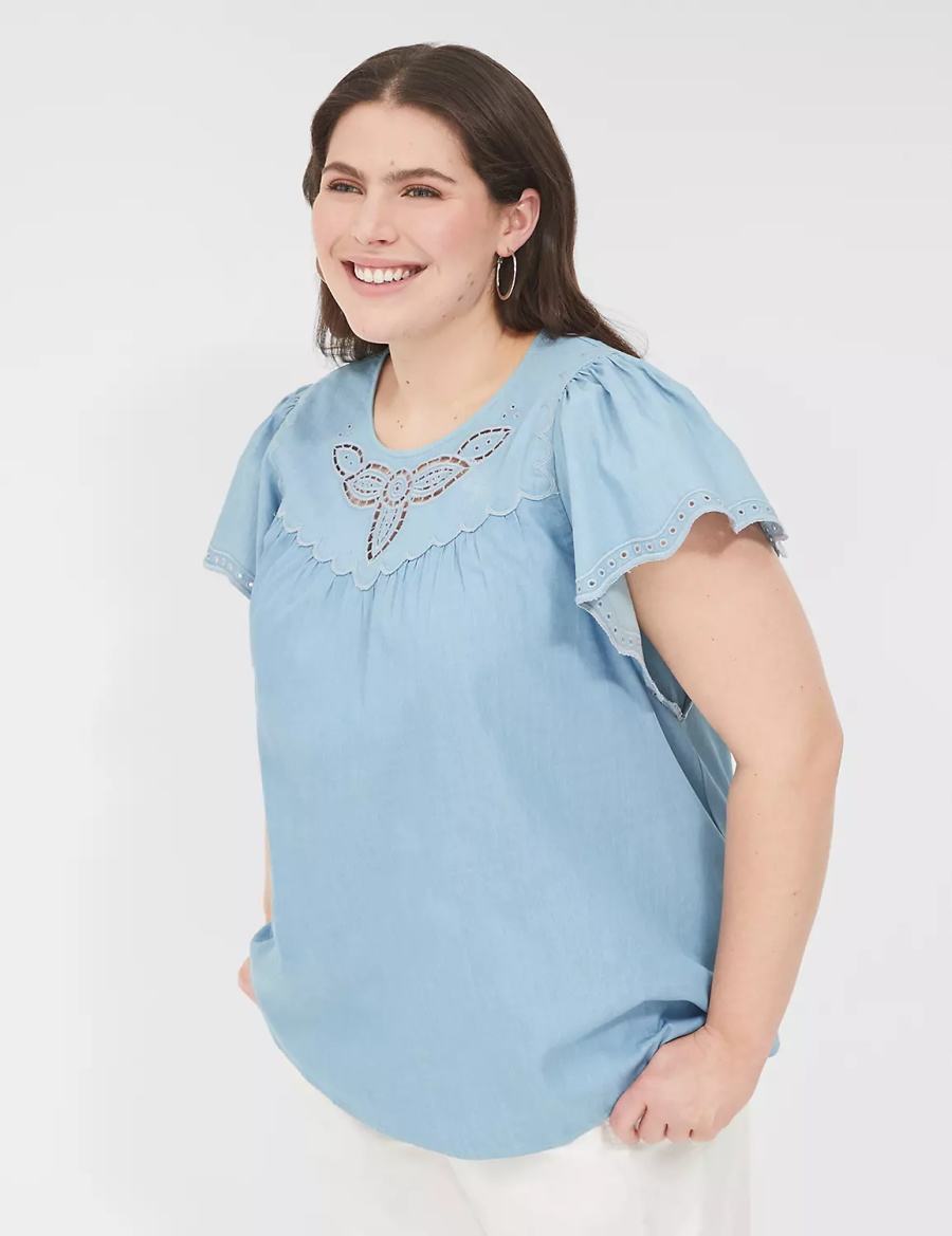 Women Lane Bryant Swing Eyelet-Trim Popover Blouse Blue | ALF4471HH