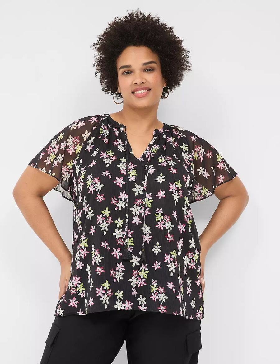 Women Lane Bryant Swing Flutter-Sleeve Popover Blouse Black Multicolor | MXK1545JW