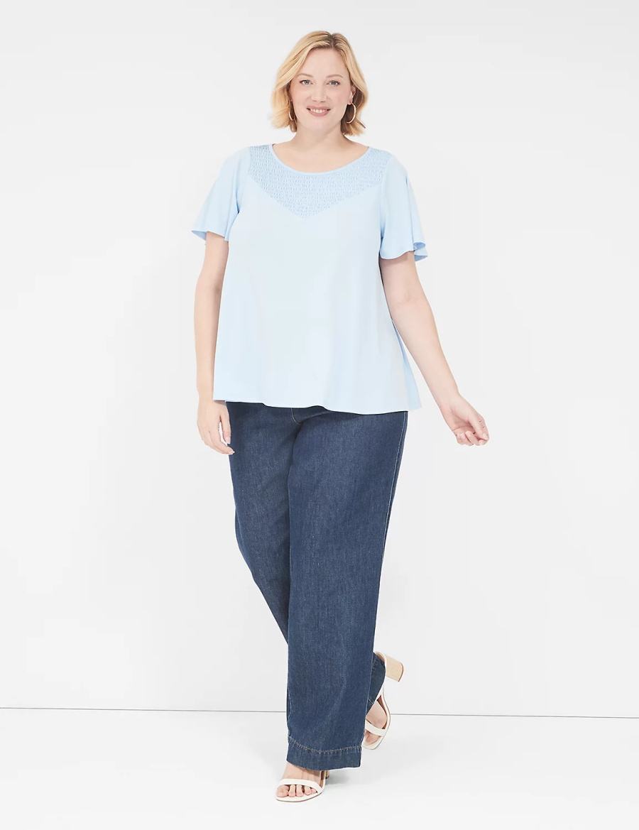 Women Lane Bryant Swing Flutter-Sleeve Smocked-Yoke Top T Shirts Blue | UNX811IJ