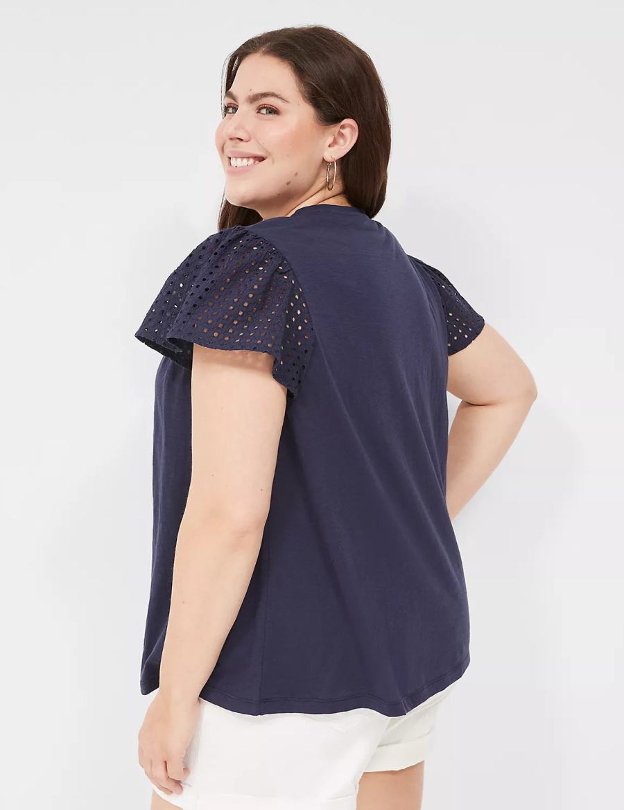 Women Lane Bryant Swing Flutter Sleeve Eyelet & Knit Tee T Shirts Blue | UAH207SZ