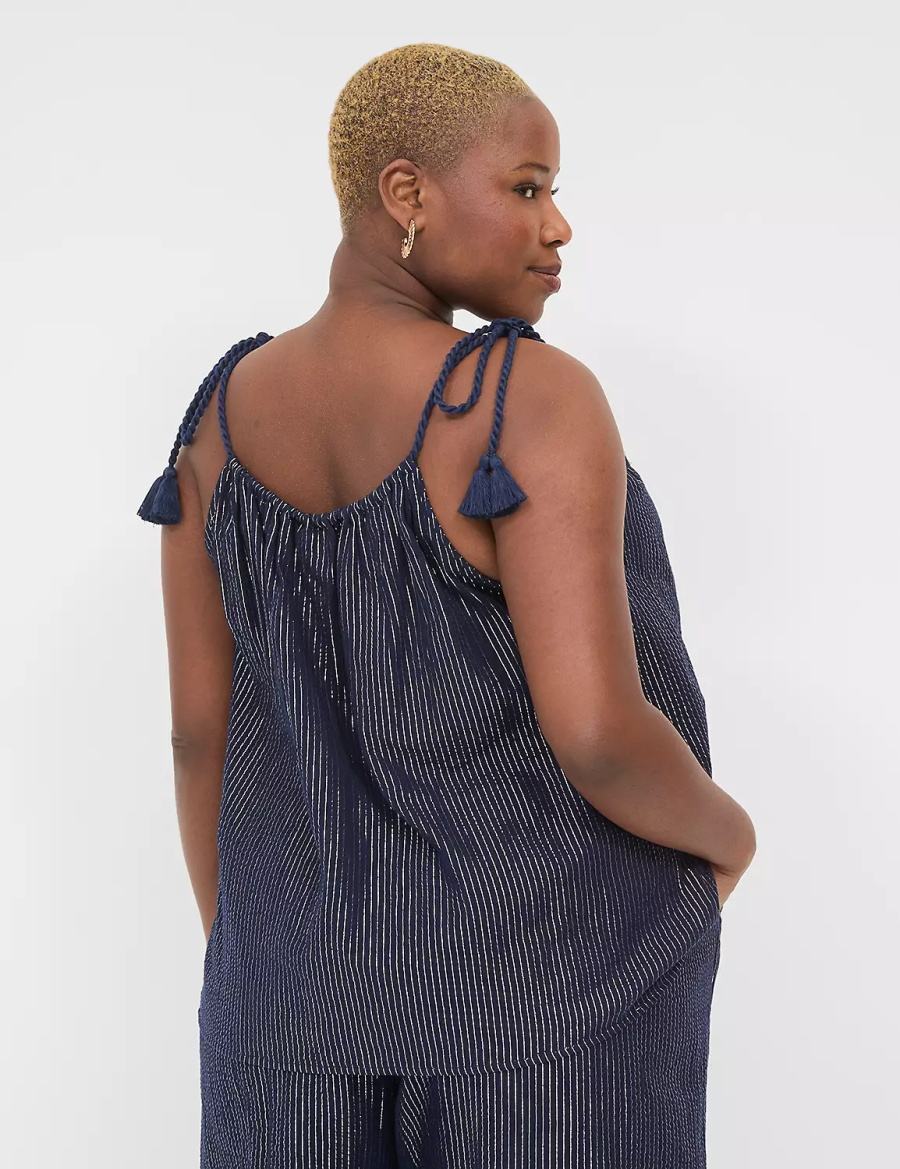 Women Lane Bryant Swing Lurex Gauze Tie-Strap Scoop-Neck Tank Top Blue | NVJ5633MP