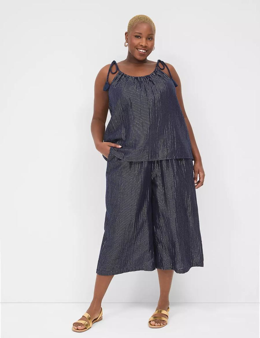 Women Lane Bryant Swing Lurex Gauze Tie-Strap Scoop-Neck Tank Top Blue | NVJ5633MP
