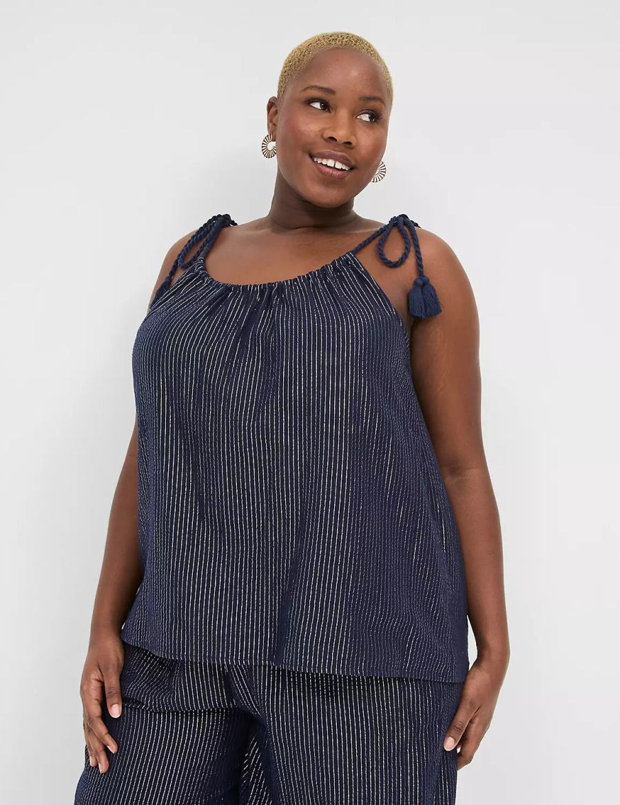 Women Lane Bryant Swing Lurex Gauze Tie-Strap Scoop-Neck Tank Top Blue | NVJ5633MP