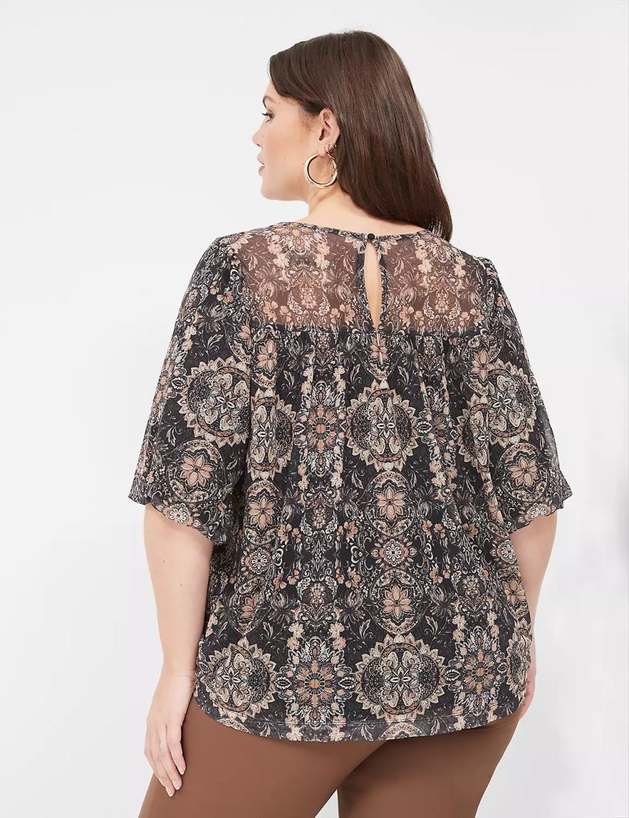 Women Lane Bryant Swing Perfect Puff-Sleeve Mesh Top Blouse Black | RHZ684DM
