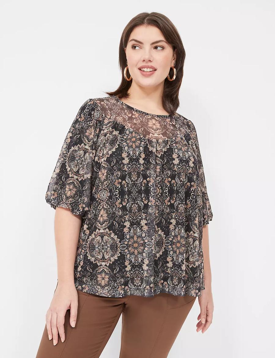 Women Lane Bryant Swing Perfect Puff-Sleeve Mesh Top Blouse Black | RHZ684DM