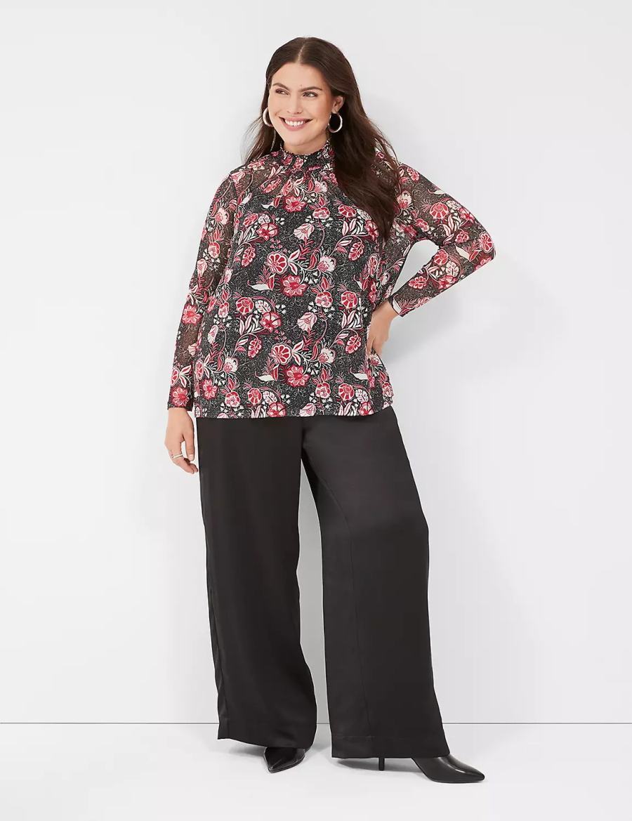 Women Lane Bryant Swing Smocked-Neck Top With Attached Cami Blouse Red White Black | ZLK7114UN