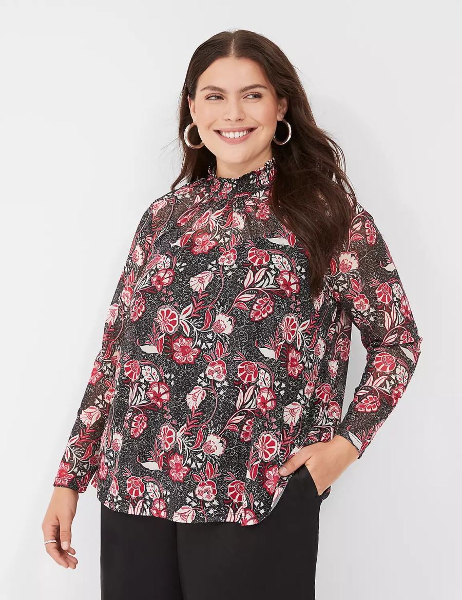 Women Lane Bryant Swing Smocked-Neck Top With Attached Cami Blouse Red White Black | ZLK7114UN