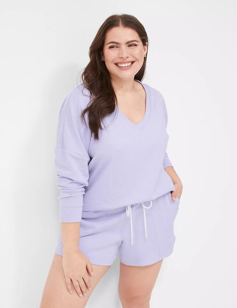 Women Lane Bryant Terry Fleece V-Neck Top T Shirts Purple | VZN9663KG
