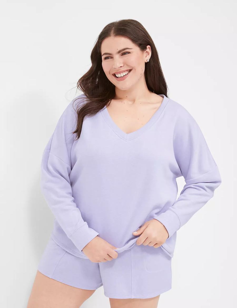 Women Lane Bryant Terry Fleece V-Neck Top T Shirts Purple | VZN9663KG