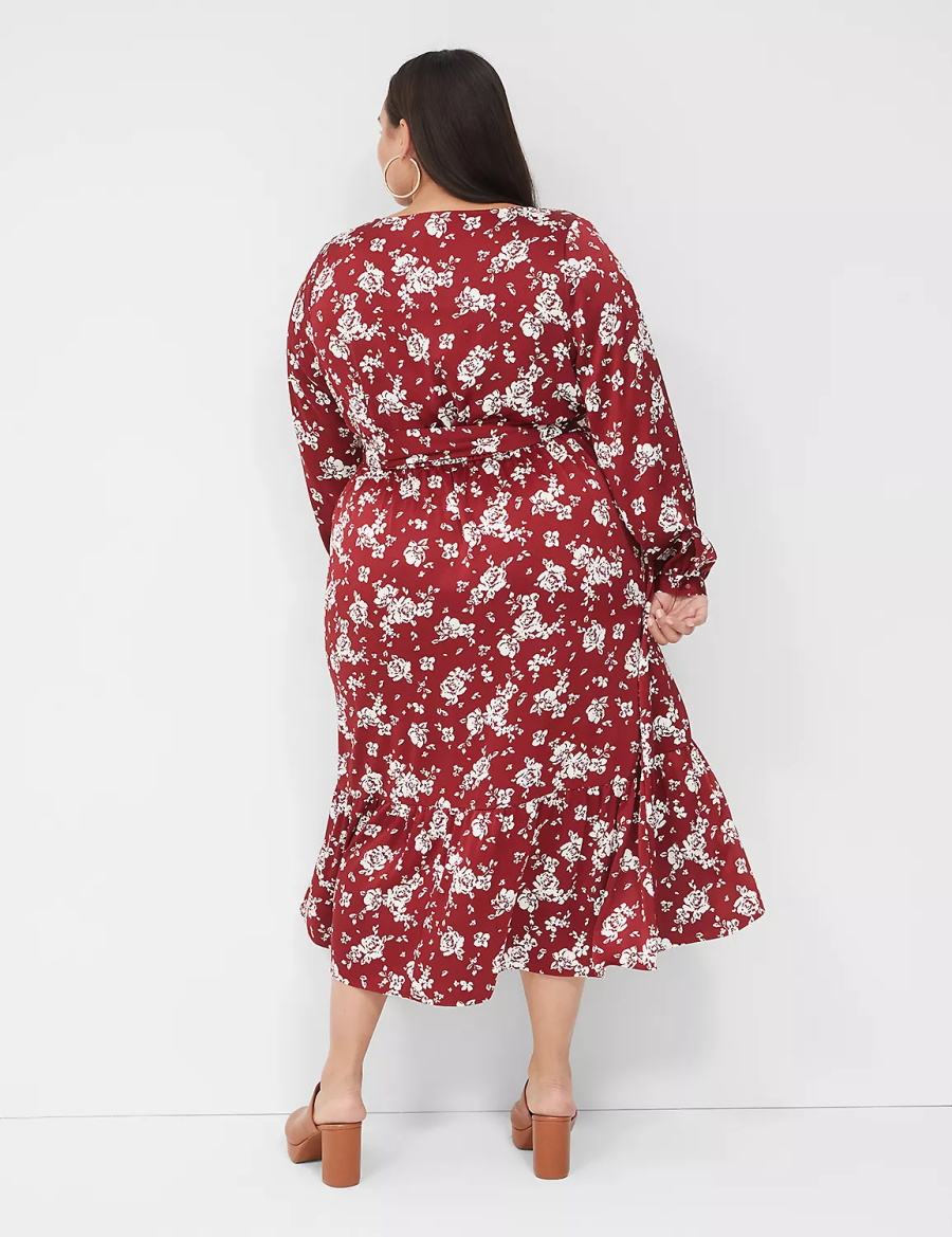 Women Lane Bryant Textured Satin Long-Sleeve Wrap-Skirt Midi Dress Red | RWX3237QT