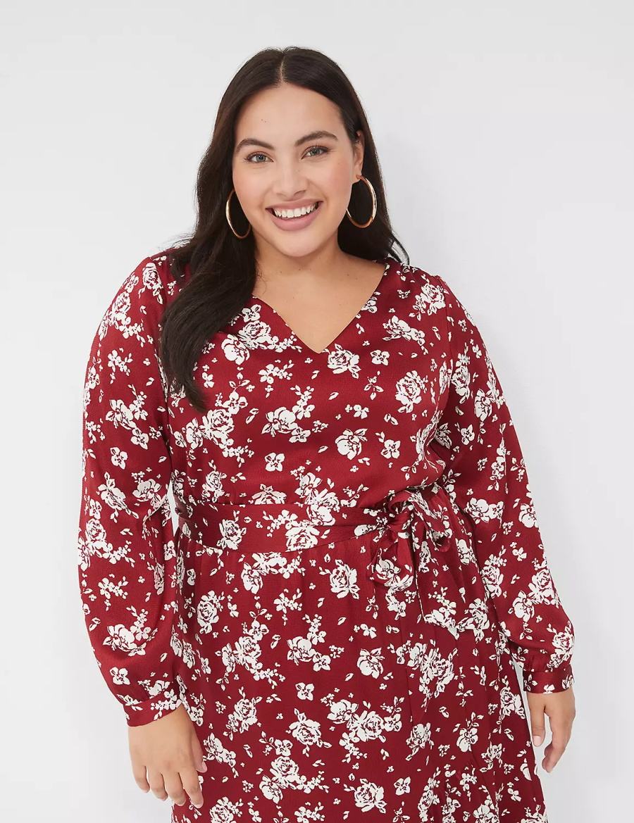 Women Lane Bryant Textured Satin Long-Sleeve Wrap-Skirt Midi Dress Red | RWX3237QT