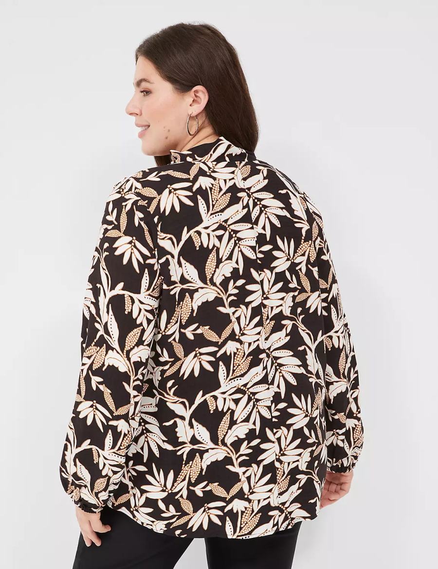 Women Lane Bryant Tie-Neck Popover Blouse Cream Brown Black | DJG84XF