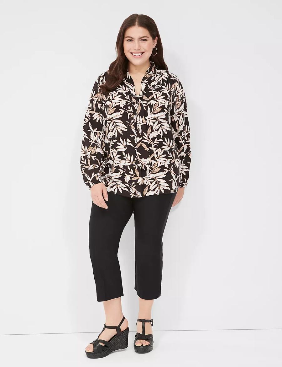 Women Lane Bryant Tie-Neck Popover Blouse Cream Brown Black | DJG84XF