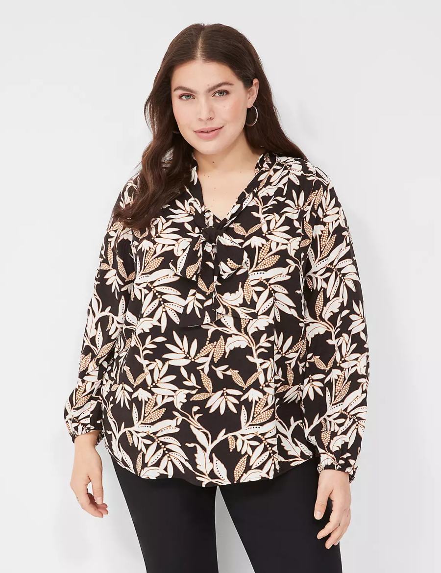 Women Lane Bryant Tie-Neck Popover Blouse Cream Brown Black | DJG84XF