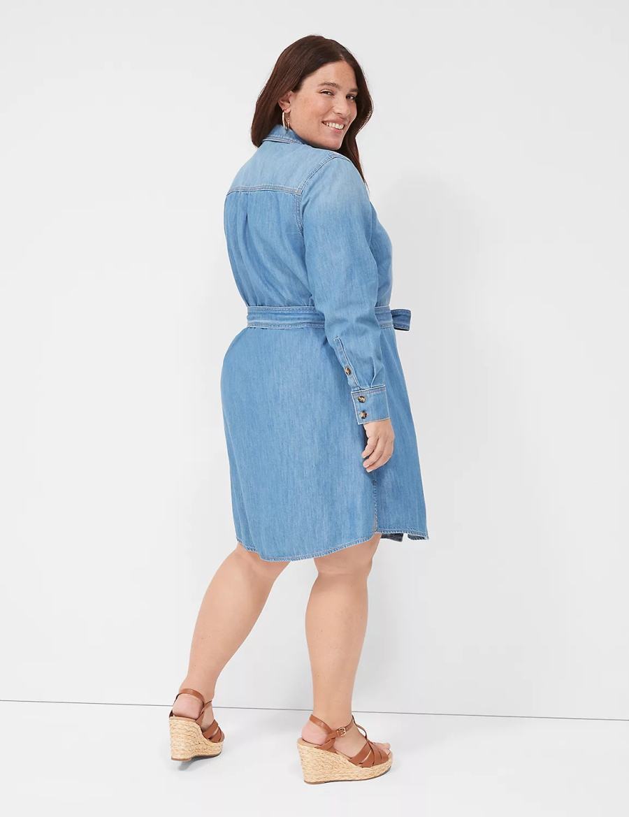 Women Lane Bryant Tie-Waist Denim Shirt Dress Blue | YKM9061FE