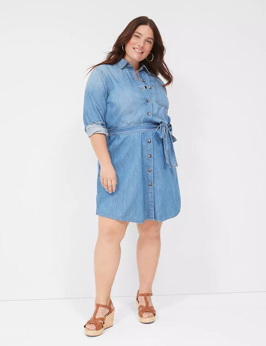Women Lane Bryant Tie-Waist Denim Shirt Dress Blue | YKM9061FE