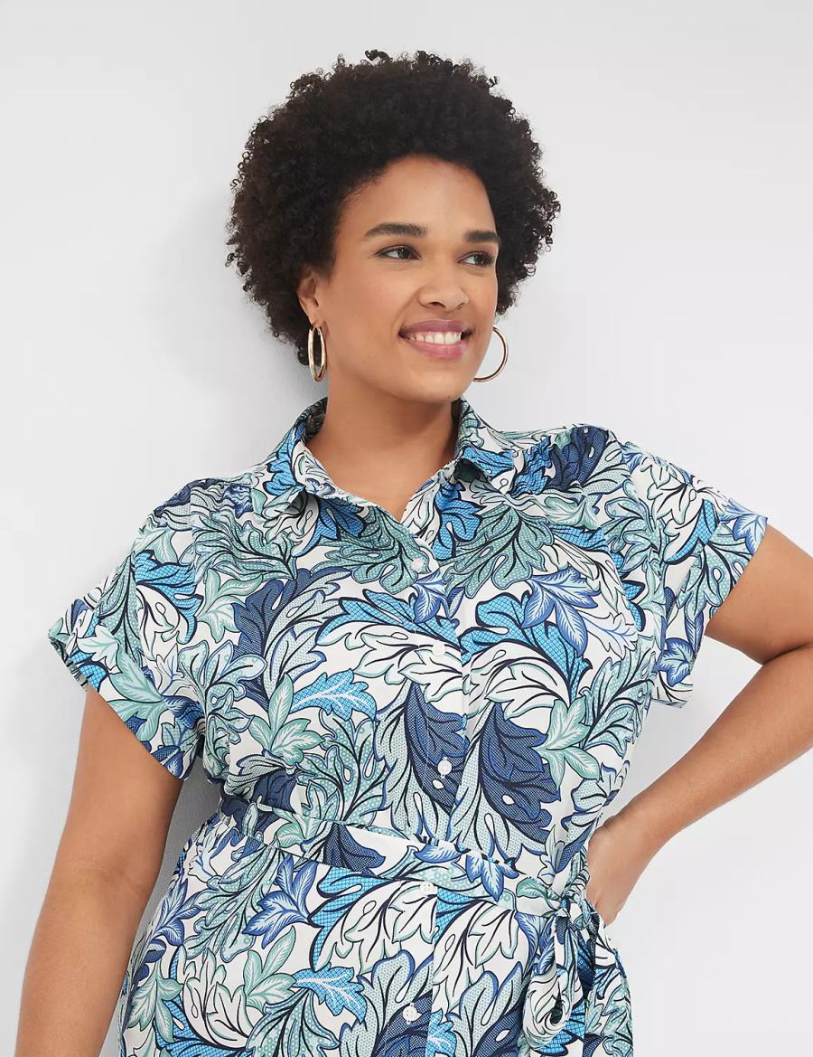 Women Lane Bryant Tie-Waist Midi Shirt Dress Blue Multicolor | ZPO8091FG