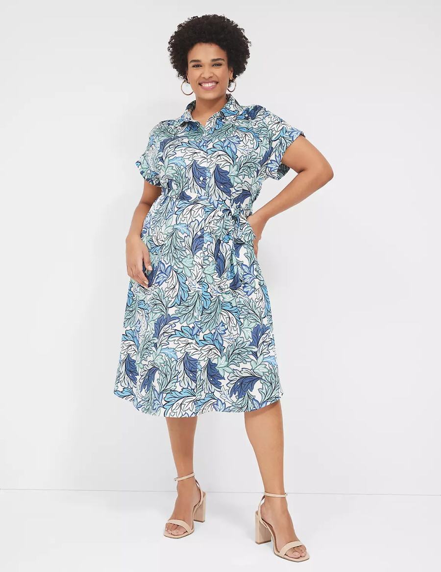 Women Lane Bryant Tie-Waist Midi Shirt Dress Blue Multicolor | ZPO8091FG