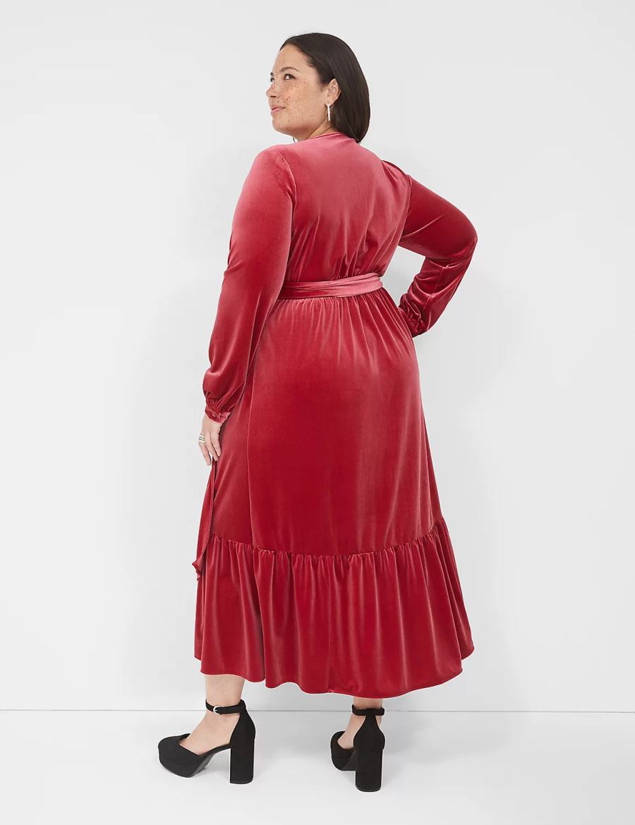Women Lane Bryant Tiered Wrap Velvet Midi Dress Dark Red | ETX2052PT