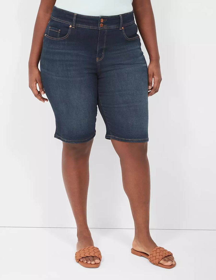 Women Lane Bryant Tighter Tummy Fit High-Rise Bermuda Jean Shorts Dark Blue | UOP6987II