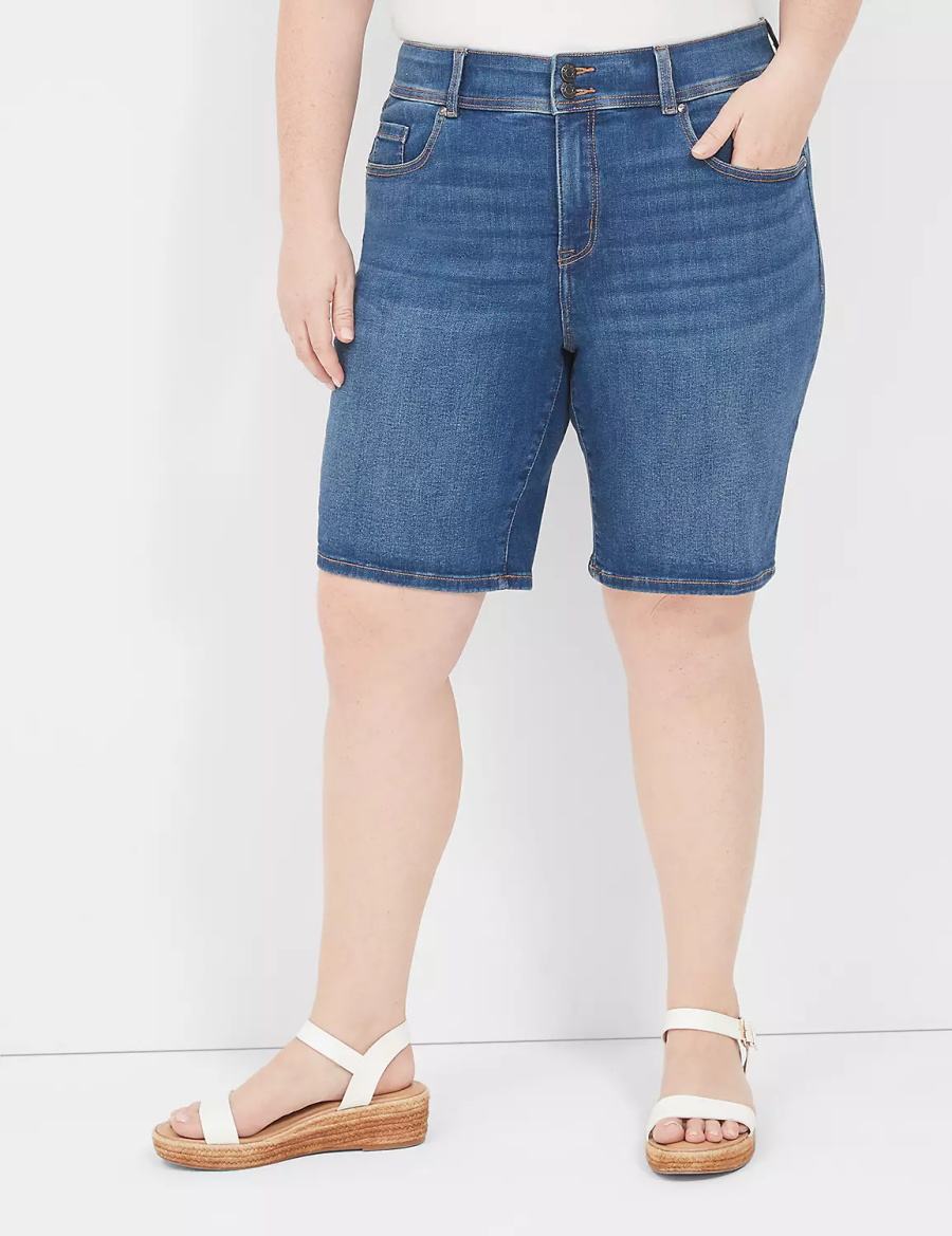 Women Lane Bryant Tighter Tummy Fit High-Rise Bermuda Jean Shorts Blue | GTE2454WS