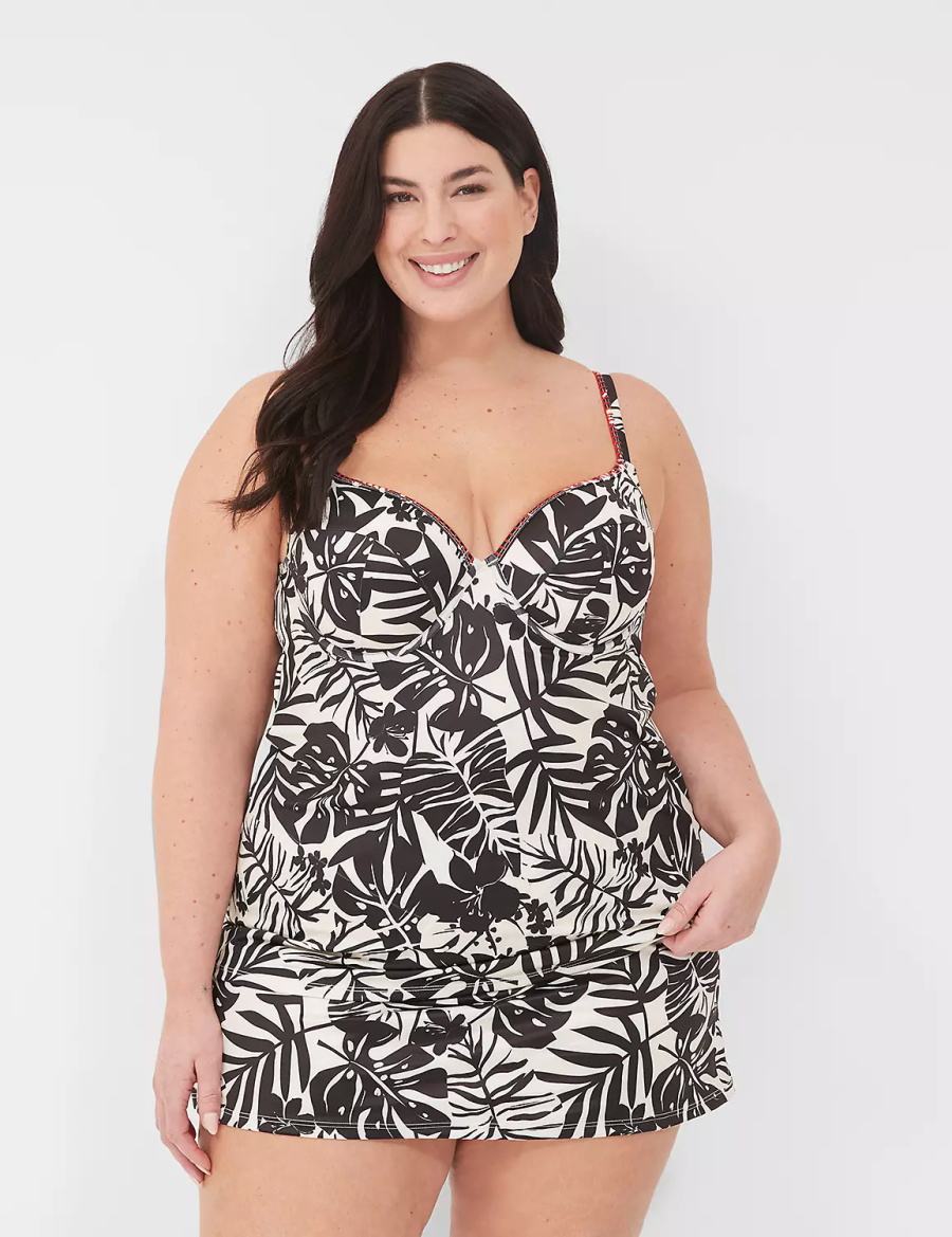 Women Lane Bryant Underwire Balconette Tankini Bikini Top White Black | CHQ5999PI