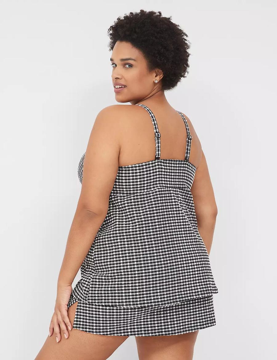 Women Lane Bryant Underwire Knot-Front Tankini Bikini Top Black White | UHD1817JD