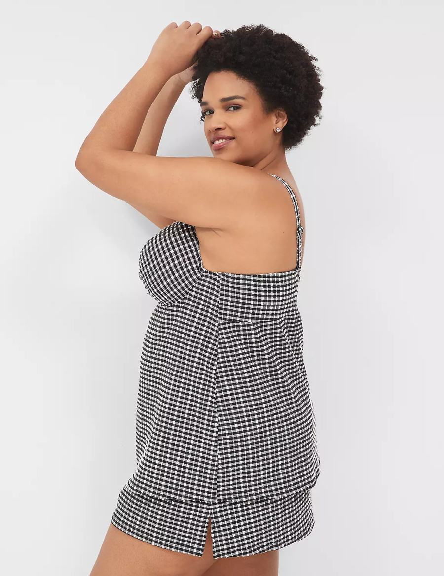 Women Lane Bryant Underwire Knot-Front Tankini Bikini Top Black White | UHD1817JD